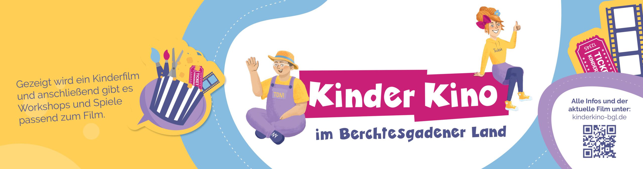 Logo des Kinderkino BGL, dort sitzen die Maskottchen Tricksie und Toni mit dem Motto: sehen, machen, zeigen
